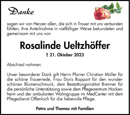 Traueranzeige von Rosalinde Ueltzhöffer von Schwetzinger Zeitung