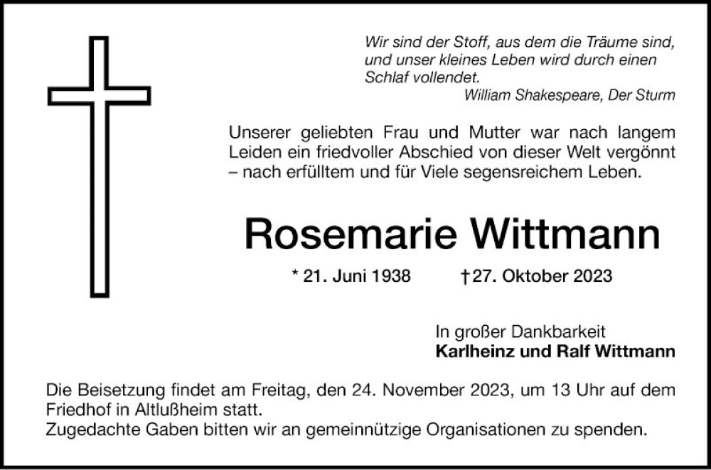  Traueranzeige für Rosemarie Wittmann vom 22.11.2023 aus Schwetzinger Zeitung