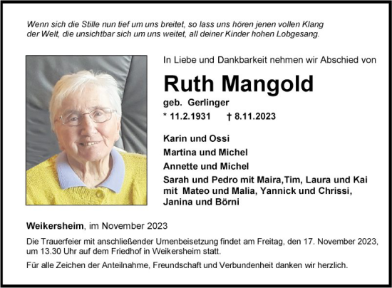 Traueranzeige von Ruth Mangold von Fränkische Nachrichten