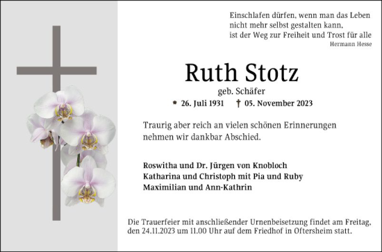 Traueranzeige von Ruth Stotz von Schwetzinger Zeitung