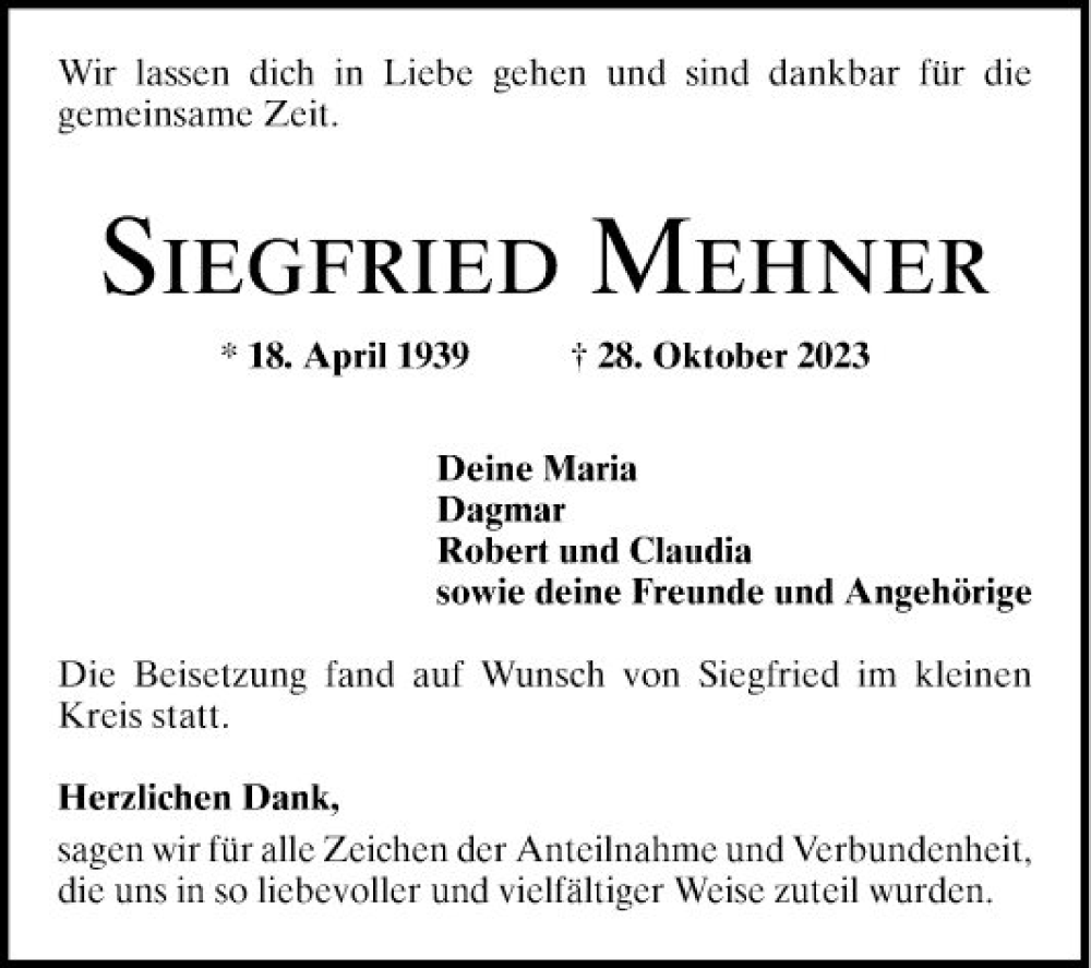  Traueranzeige für Siegfried Mehner vom 25.11.2023 aus Mannheimer Morgen