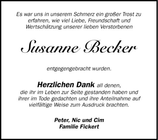 Traueranzeige von Susanne Becker von Mannheimer Morgen