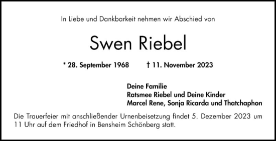 Traueranzeige von Swen Riebel von Bergsträßer Anzeiger