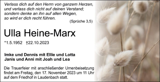 Traueranzeige von Ulla Heine-Marx von Bergsträßer Anzeiger