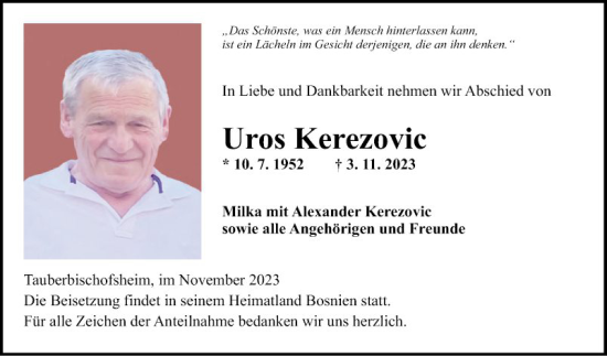 Traueranzeige von Uros Kerezovic von Fränkische Nachrichten