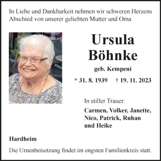 Traueranzeige von Ursula Böhnke von Fränkische Nachrichten