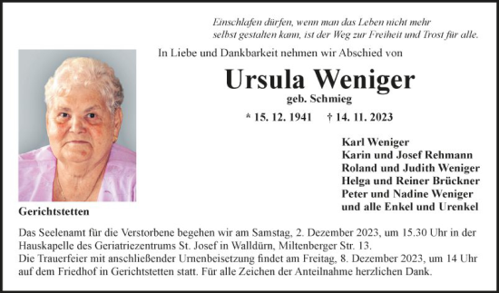 Traueranzeige von Ursula Weniger von Fränkische Nachrichten