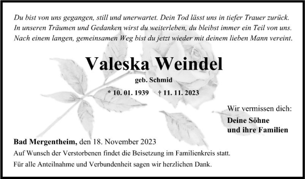  Traueranzeige für Valeska Weindel vom 18.11.2023 aus Fränkische Nachrichten