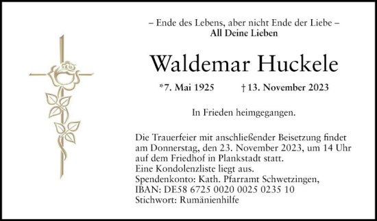 Traueranzeige von Waldemar Huckele von Schwetzinger Zeitung