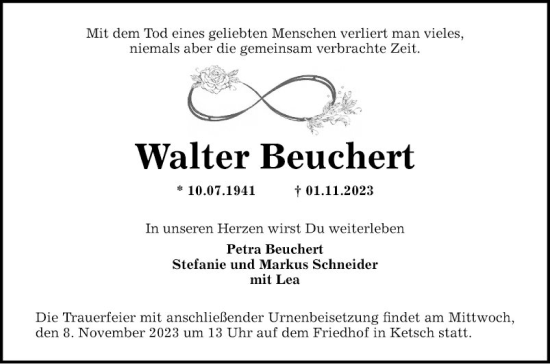 Traueranzeige von Walter Beuchert von Schwetzinger Zeitung