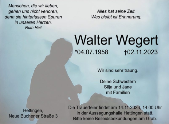 Traueranzeige von Walter Wegert von Fränkische Nachrichten