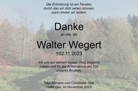 Traueranzeige von Walter Wegert von Fränkische Nachrichten