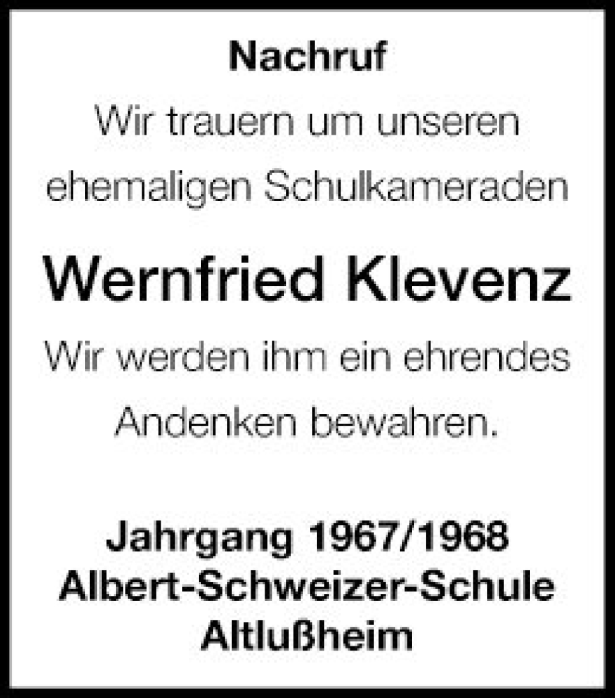  Traueranzeige für Wernfried Klevenz vom 25.11.2023 aus Schwetzinger Zeitung