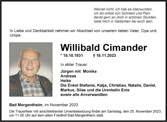 Traueranzeige von Willibald Cimander von Fränkische Nachrichten