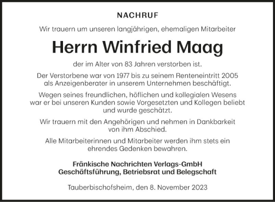 Traueranzeige von Winfried Maag von Fränkische Nachrichten