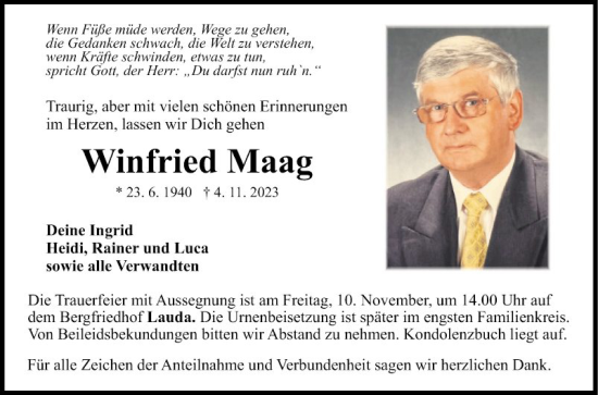 Traueranzeige von Winfried Maag von Fränkische Nachrichten