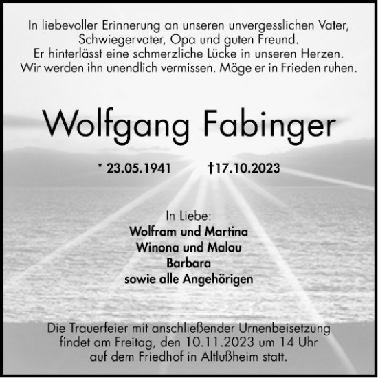 Traueranzeige von Wolfgang Fabinger von Schwetzinger Zeitung