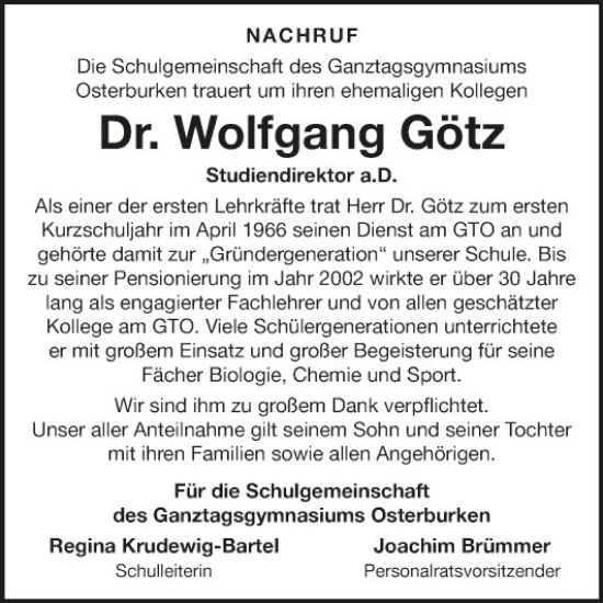 Traueranzeige von Wolfgang Götz von Fränkische Nachrichten