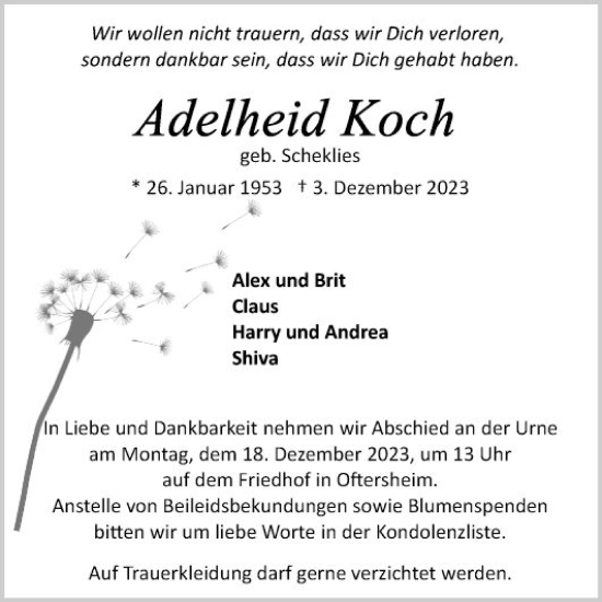 Traueranzeige von Adelheid Koch von Schwetzinger Zeitung