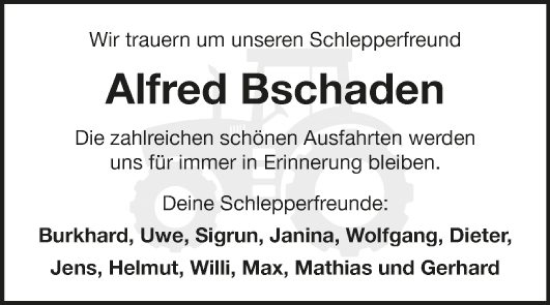 Traueranzeige von Alfred Bschaden von Fränkische Nachrichten