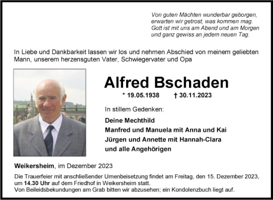 Traueranzeige von Alfred Bschaden von Fränkische Nachrichten