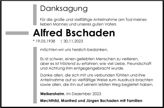 Traueranzeige von Alfred Bschaden von Fränkische Nachrichten