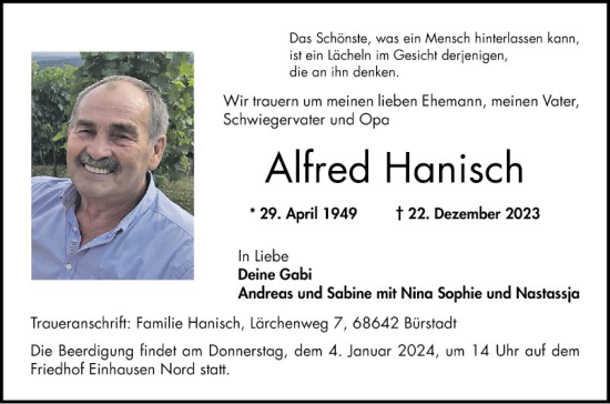 Traueranzeige von Alfred Hanisch von Bergsträßer Anzeiger