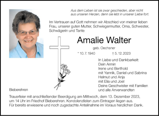 Traueranzeige von Amalie Walter von Fränkische Nachrichten