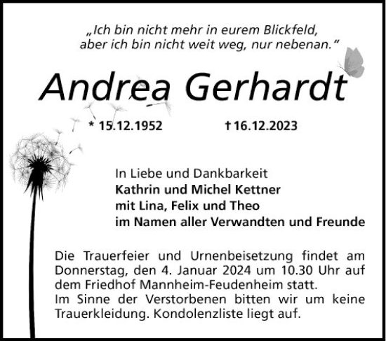 Traueranzeige von Andrea Gerhardt von Mannheimer Morgen