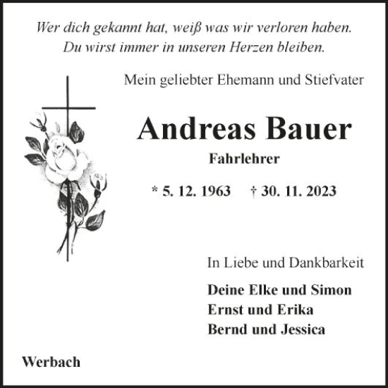 Traueranzeige von Andreas Bauer von Fränkische Nachrichten