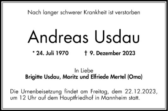Traueranzeige von Andreas Usdau von Mannheimer Morgen
