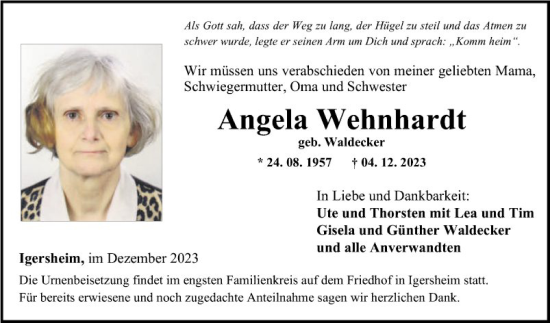 Traueranzeige von Angela Wehnhardt von Fränkische Nachrichten