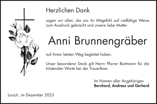 Traueranzeige von Anni Brunnengräber von Bergsträßer Anzeiger