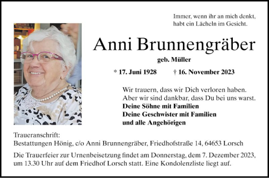 Traueranzeige von Anni Brunnengräber von Bergsträßer Anzeiger