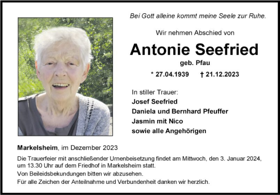 Traueranzeige von Antonie Seefried von Fränkische Nachrichten