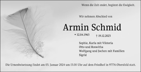 Traueranzeige von Armin Schmid von Fränkische Nachrichten