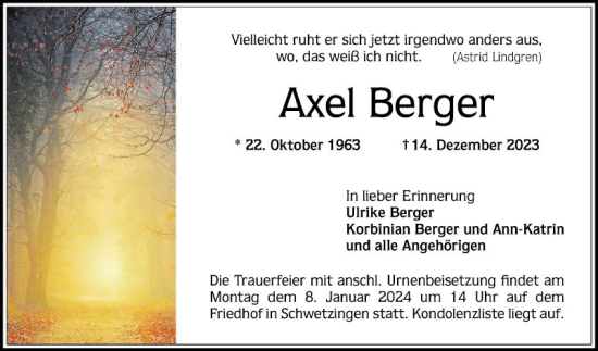 Traueranzeige von Axel Berger von Schwetzinger Zeitung