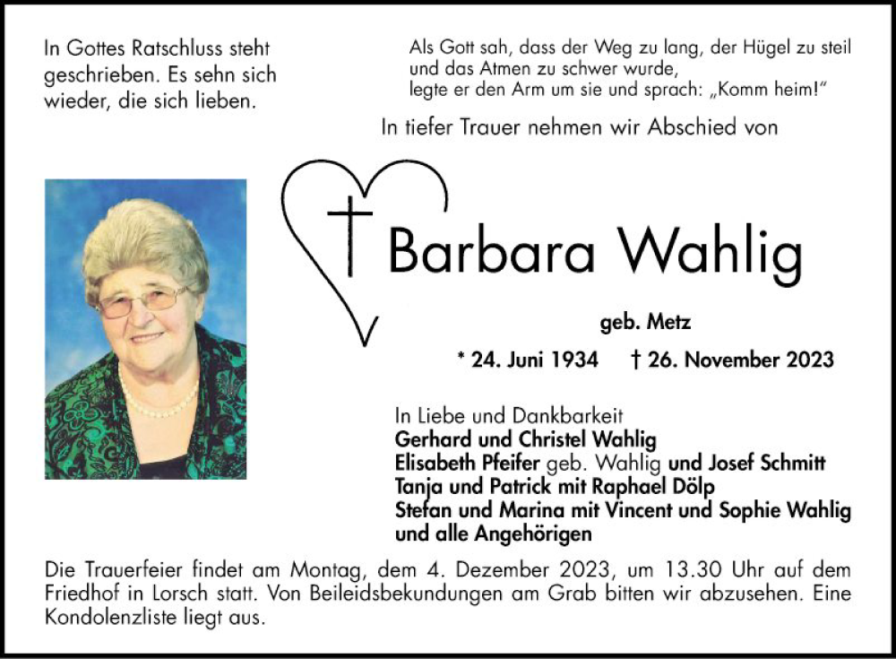  Traueranzeige für Barbara Wahlig vom 02.12.2023 aus Bergsträßer Anzeiger