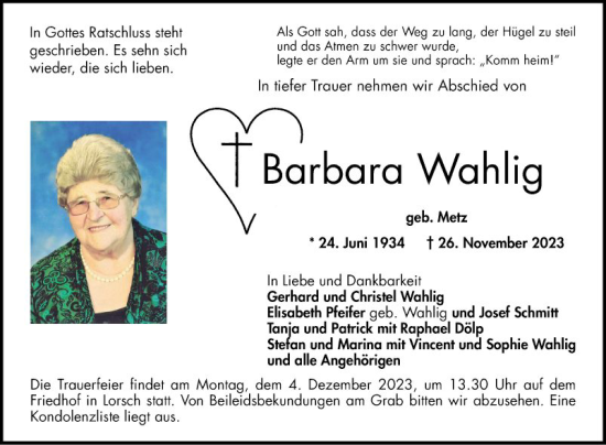 Traueranzeige von Barbara Wahlig von Bergsträßer Anzeiger