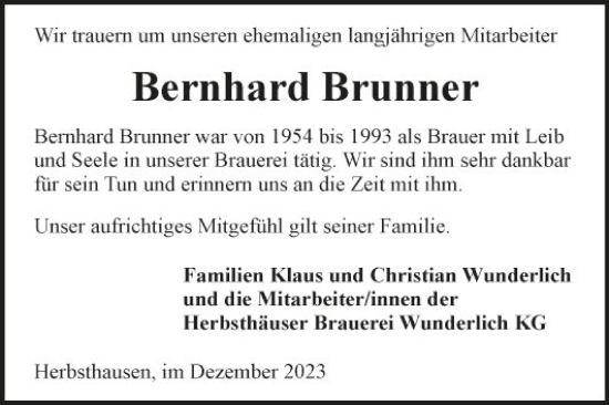 Traueranzeige von Bernhard Brunner von Fränkische Nachrichten