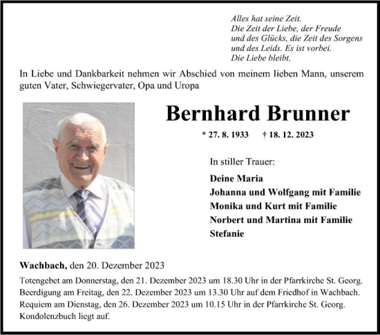 Traueranzeige von Bernhard Brunner von Fränkische Nachrichten