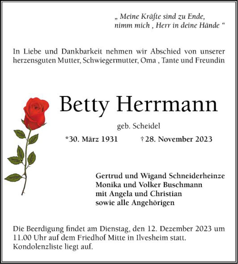  Traueranzeige für Betty Herrmann vom 02.12.2023 aus Mannheimer Morgen