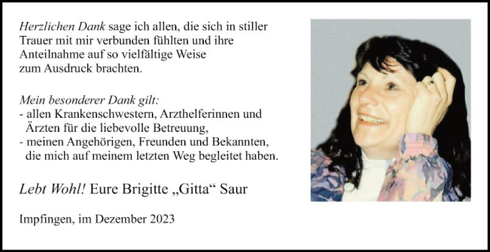  Traueranzeige für Brigitte Saur vom 09.12.2023 aus Fränkische Nachrichten