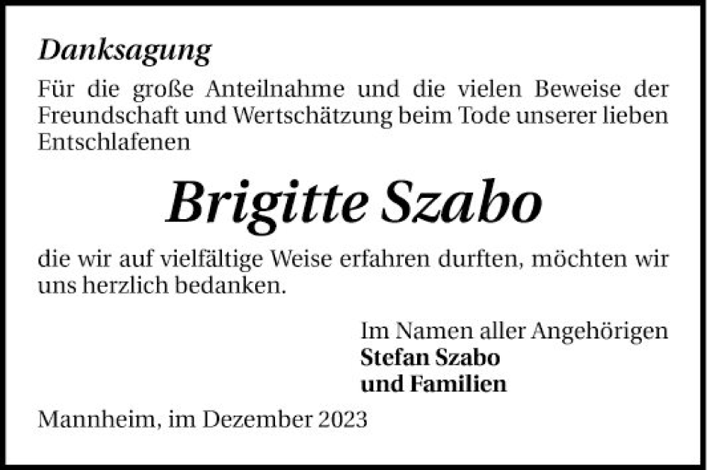  Traueranzeige für Brigitte Szabo vom 16.12.2023 aus Mannheimer Morgen