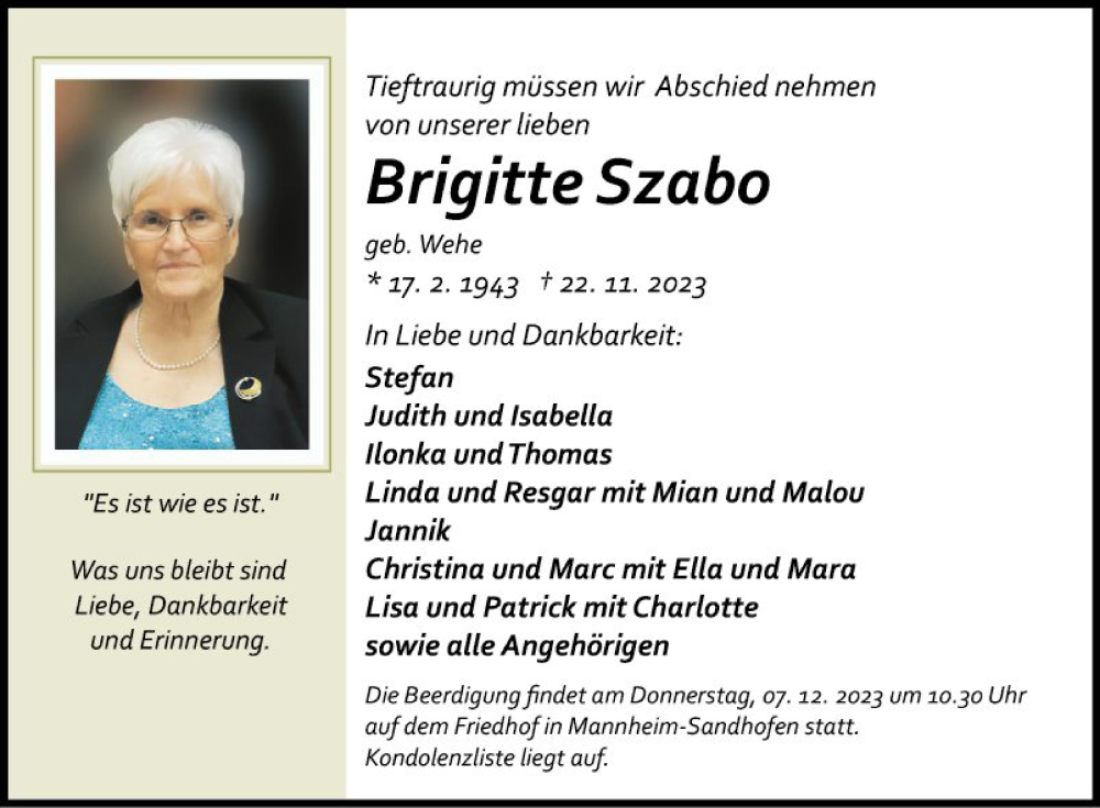  Traueranzeige für Brigitte Szabo vom 02.12.2023 aus Mannheimer Morgen