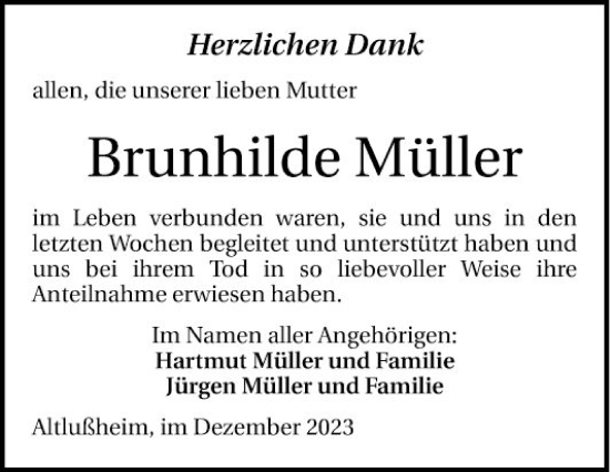 Traueranzeige von Brunhilde Müller von Schwetzinger Zeitung