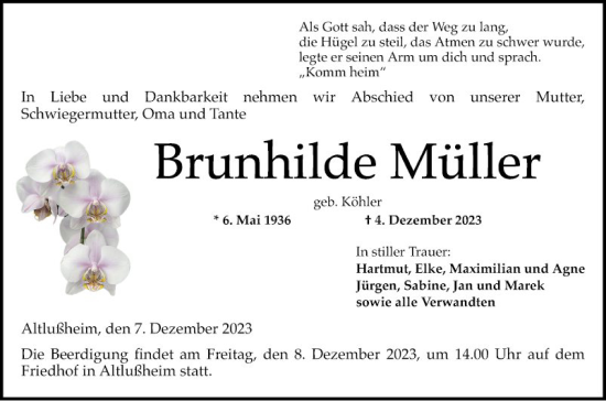 Traueranzeige von Brunhilde Müller von Schwetzinger Zeitung