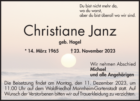 Traueranzeige von Christiane Janz von Mannheimer Morgen