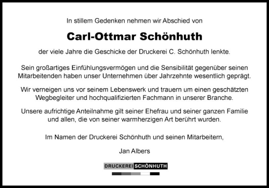 Traueranzeige von Carl-Ottmar Schönhuth von Fränkische Nachrichten