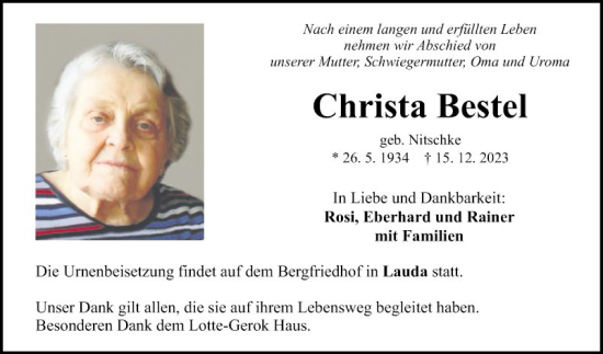 Traueranzeige von Christa Bestel von Fränkische Nachrichten